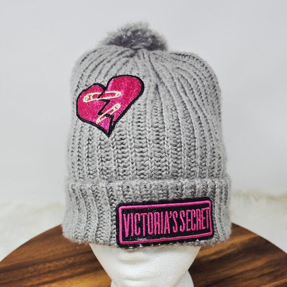 Victoria Secret Pink Gray Pom Pom Winter Warm Beanie OSFM main image 4